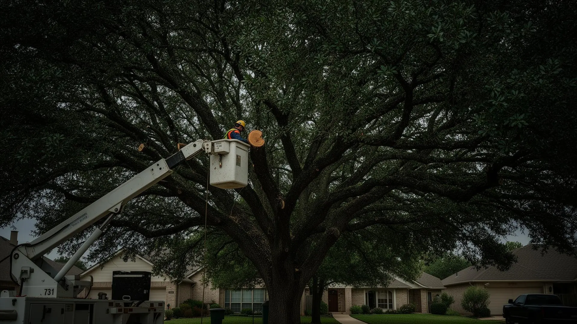 Bucket truck lifting an Evergreen Tree Service arborist into the canopy of a very large oak tree